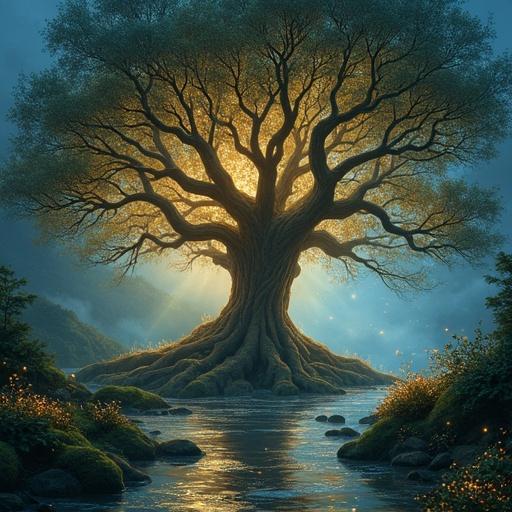Majestic ancient tree with sprawling roots and glowing bioluminescent leaves. Standing in a mystical forest at twilight. Soft golden light filters through the dense canopy. Casting intricate shadows on the moss-covered ground. Nearby, crystal-clear stream reflects vibrant colors of the sky. Faint stars begin to appear. Ethereal fireflies dance around the tree. Delicate flowers bloom with faint luminescence. Calm, magical, and wonder-filled atmosphere. Subtle mist weaves through the air.