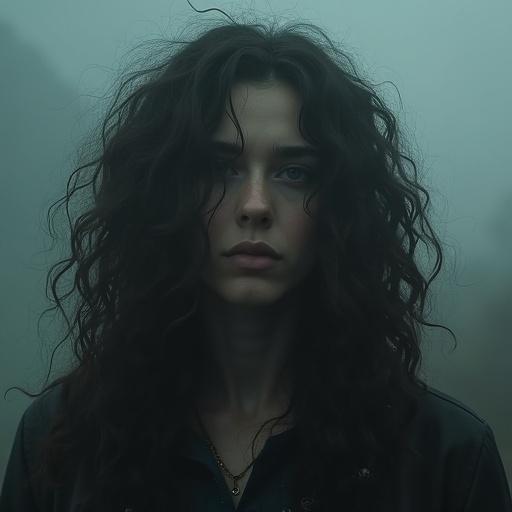 Create an image featuring a figure with long curly hair down to the shoulders in a foggy environment. The face should appear obscured and unrecognizable.