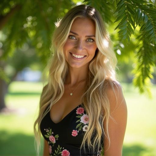 Portrait of a woman with long blonde hair in a flower-patterned black dress under a lush tree. Soft sunlight highlights her features with a warm tone. Composition emphasizes her joyful expression against vivid greenery of summer.