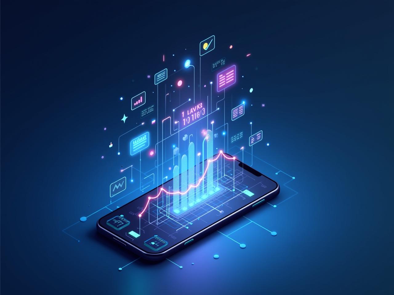 The image depicts a digital representation of data analytics. A smartphone is positioned at the center, from which vibrant graphs and charts emanate. The background features a gradient of blue hues, enhancing the modern tech feel. Various data points and visual elements float upward, showcasing analytical insights. The overall design conveys advanced technology and data visualization in a sleek manner.