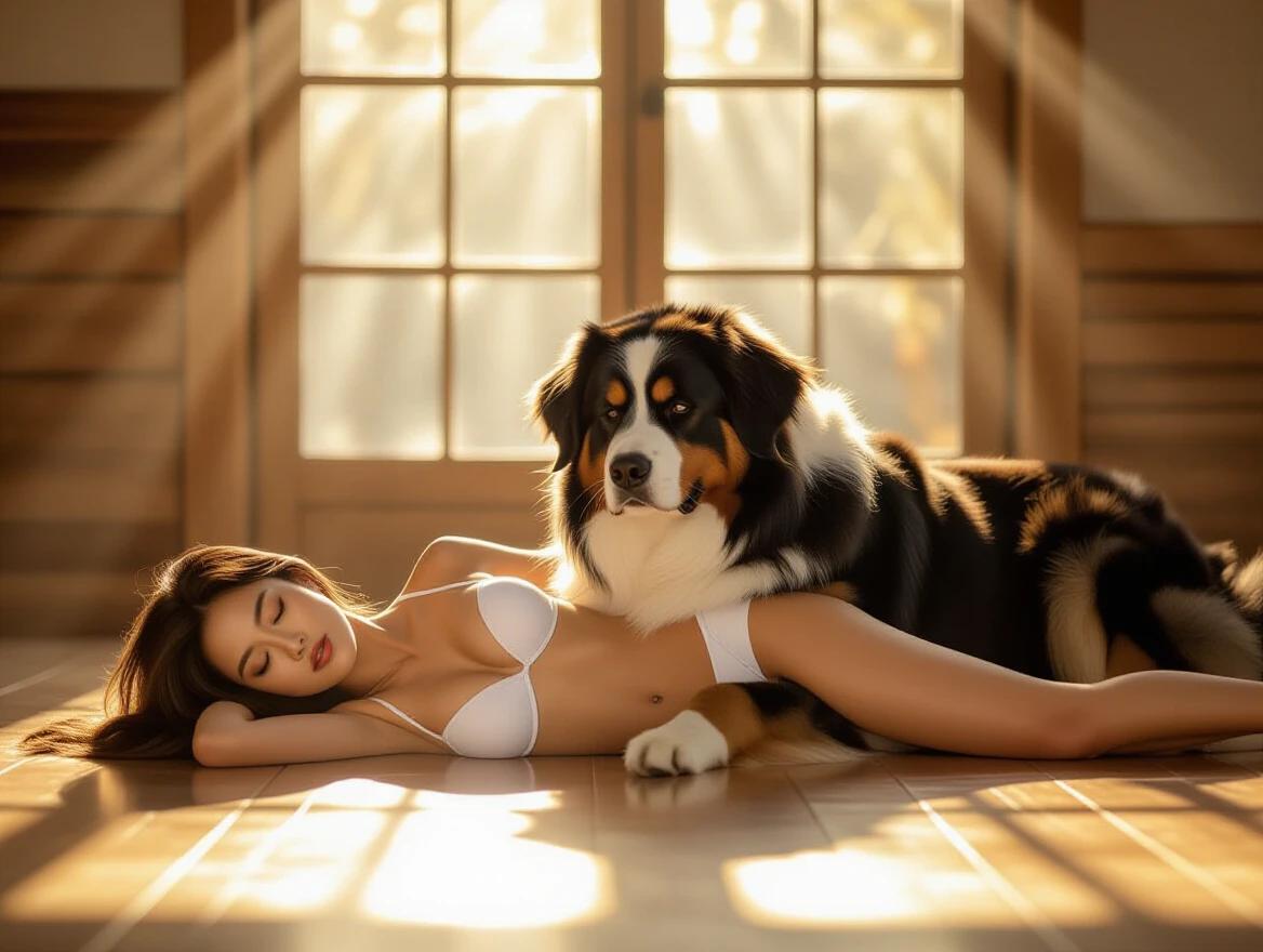 Cinematic shot in a pet product commercial studio. Warm afternoon sunlight streams through a large window. A slim Korean model in a white thong bikini lies on her stomach. A Bernese Mountain Dog rests its head and legs on her back. Dust particles float in the air. Soft bokeh background focuses on the model and the dog. Warm color palette and cinematic lighting.