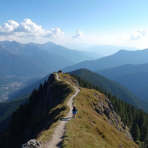 Panoramic view of Dochula Pass showcasing a winding trail along a mountain ridge with a person walking on it.