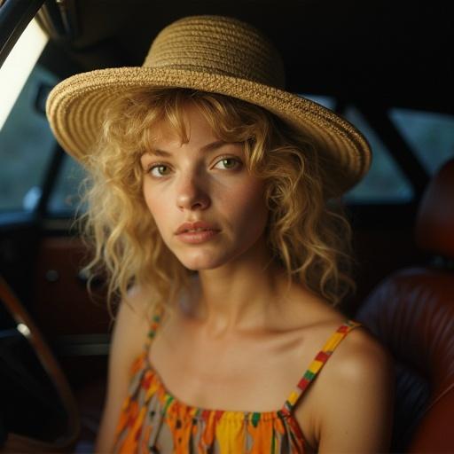 A young adult female with fair skin and light-colored eyes is captured from the chest up. She is positioned towards the left. Her head is tilted to the right. She is gazing towards the viewer. Wearing a straw hat and a colorful spaghetti-strap camisole. The lighting is dim. A bright light source illuminates her face. The subject is in a 1970s Jaguar XP Coupe.