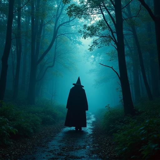 Wizard in a cloak walking down a dimly lit forest path shrouded in fog. Mysterious atmosphere with tall trees and a sense of adventure.