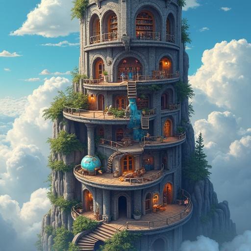 A magical wizard's tower rises dramatically through the clouds with floor-by-floor storytelling rooms from alchemy labs to libraries.  A spiral staircase winds through the core with glowing runes.