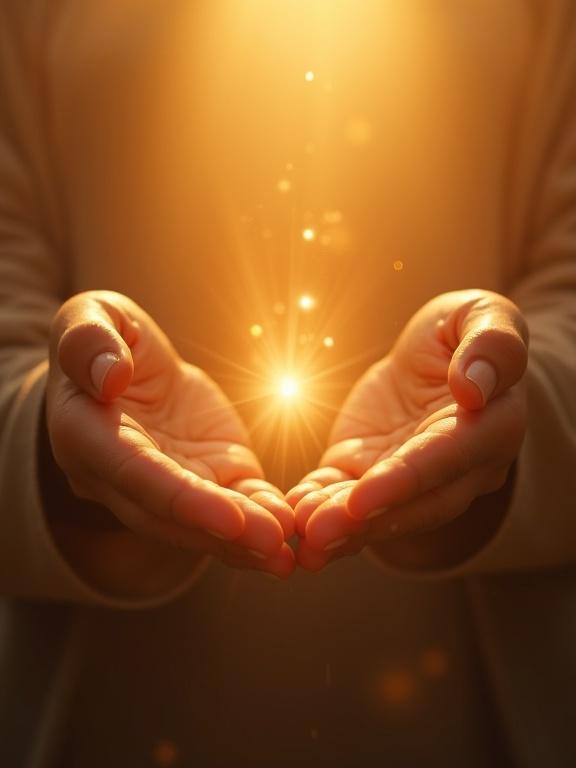 Close-up of open hands in a gesture of receiving. The hands are bathed in warm, golden light. The image conveys openness to divine blessings. It appears cinematic and hyper-realistic. The lighting is natural and the details are highly refined.