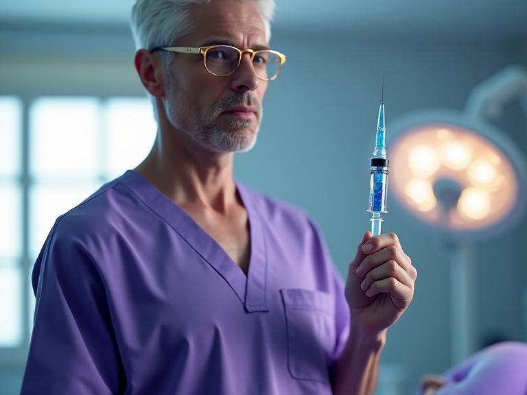Create a hyper-realistic YouTube thumbnail featuring a male plastic surgeon with bright white hair wearing golden-rimmed glasses. Surgeon is in purple scrubs holding a syringe filled with blue liquid. Background merges a modern office with an operation theater, featuring a blue-orange gradient. Include clinical props in soft focus. No faces visible.