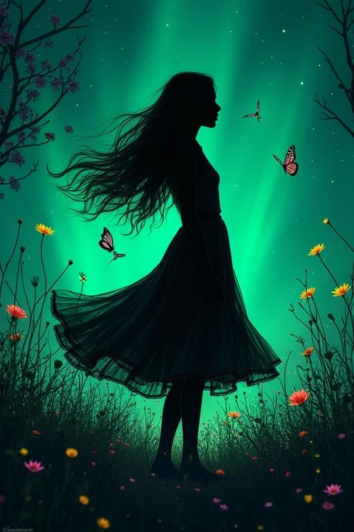 A black silhouette of a girl in a flowy dress stands in a green forest with glowing butterflies and flowers. Night sky with aurora borealis in the background and vibrant colors. Cinematic atmosphere with high quality and aesthetic feel.