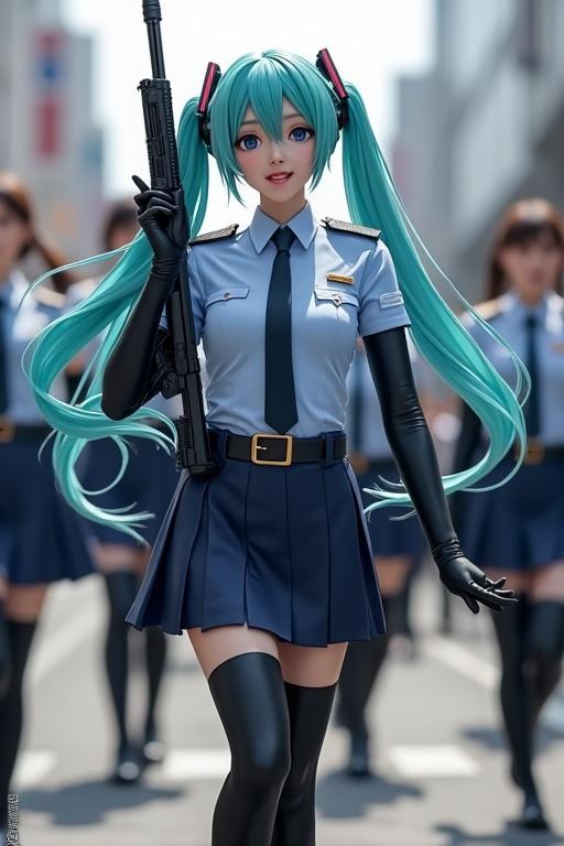 Hatsune Miku in Japanese police uniform with light blue shirt and black tie. She wears navy blue skirt, black stockings, and latex gloves. She holds a police rifle. She sings and dances on a Japanese street among women.