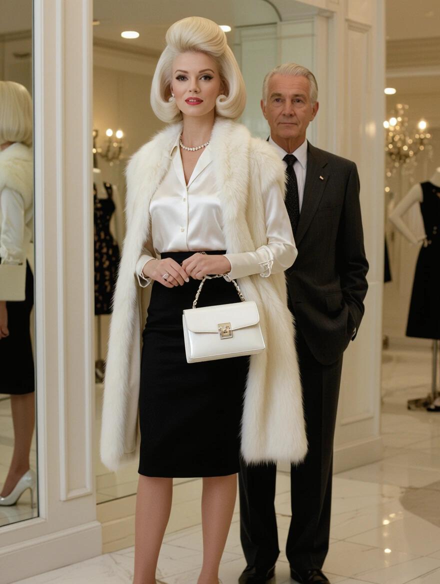 A portrait of a woman in a 1960s outfit. Platinum beehive blonde hair. Wearing a white satin blouse, fur coat, and black pencil skirt. Carries a shiny white purse. An older man in a suit stands beside her. Elegant dress boutique setting.