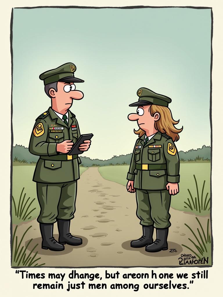 A vertical cartoon depicts a scene with a female soldier reporting inappropriate behavior to a male commander. The commander responds with a dismissive remark about maintaining male camaraderie despite changing times.
