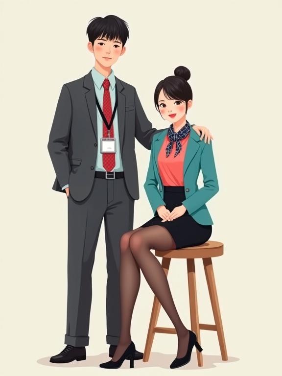 Korean couple flight attendants in late-20s. Male behind in dark grey suit with pale-blue shirt and red plaid tie. Female sitting on stool in coral-pink blouse and black skirt with turquoise blazer. Romantic studio setting with off-white background.