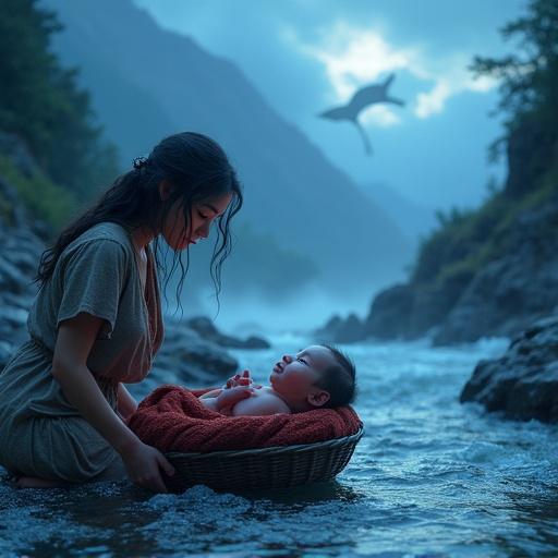 Woman kneeling by a fast-flowing mountain stream. Tears flow down her face. She places a realistic baby into a floating woven basket. Mist rises from the ravine. A flying serpent silhouette is seen above. The scene has cold blue tones and emotional lighting.