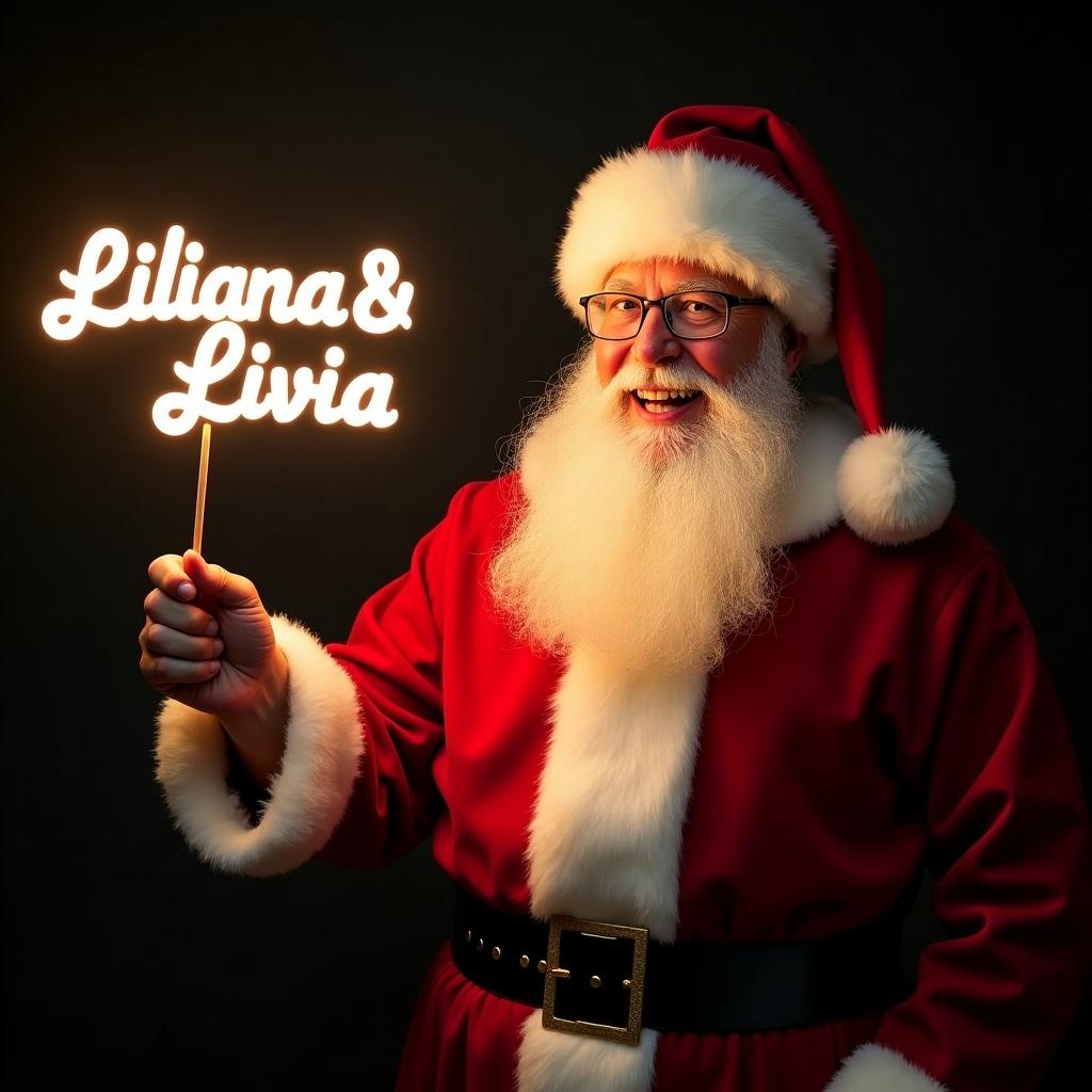 The image features Santa Claus dressed in his iconic red and white suit, capturing the essence of Christmas cheer. With a glowing stick in hand, he lights up the names 'Liliana & Livia,' adding a charming personal touch to this festive scene. His radiant smile exudes warmth and joy, inviting all to revel in the holiday spirit. The dark backdrop enhances the brightness of the glow, emphasizing the magical atmosphere of the scene. This enchanting portrayal perfectly represents the celebration and wonder associated with Christmas.