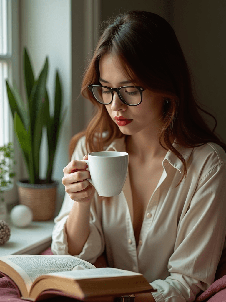 A person with long hair and glasses holds a white mug, sitting by a window with natural light, reading a book; a potted plant and decorative items are in the background.