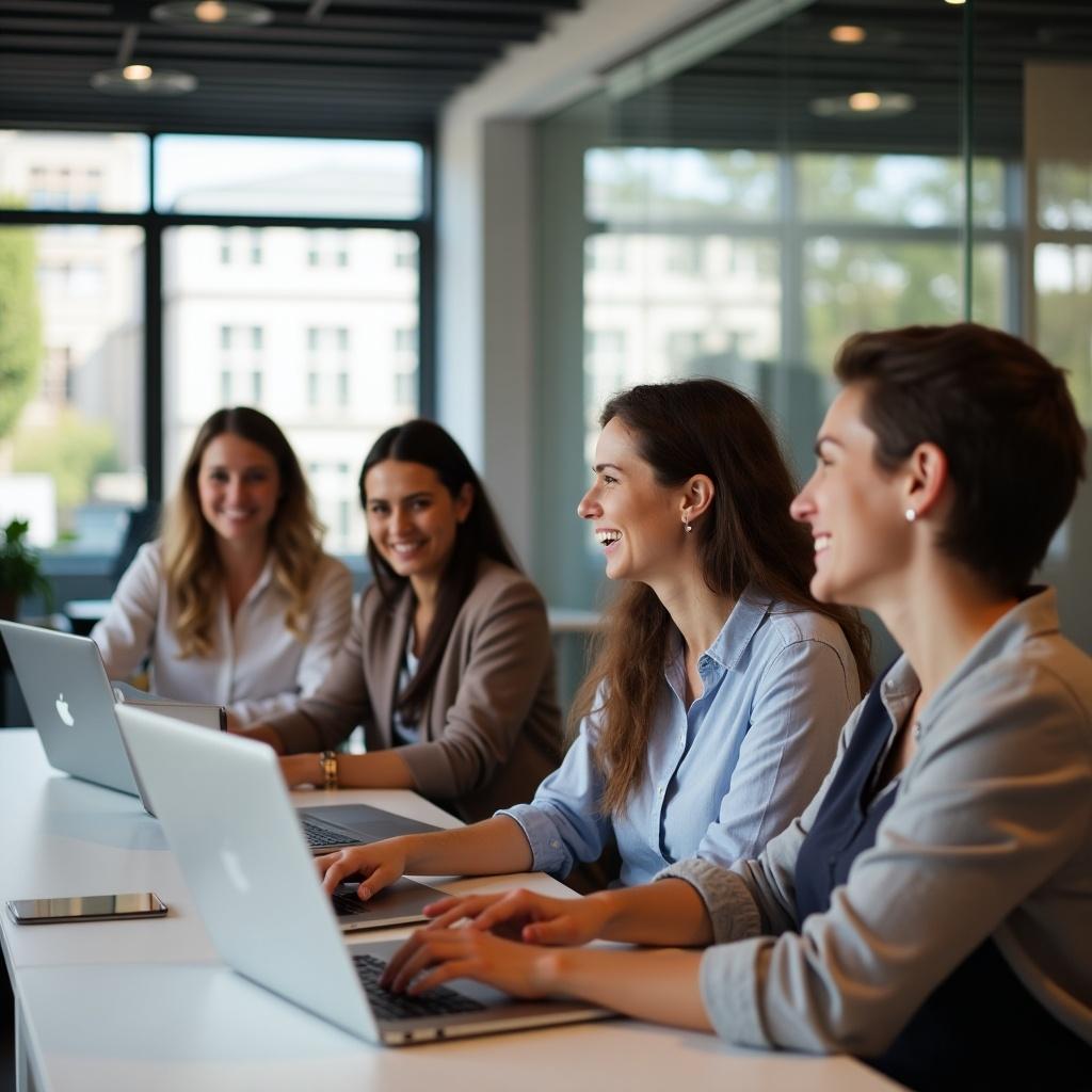 Group of individuals in their mid 20s to 40s sitting together at a table using laptops. Faces are smiling and they seem engaged in conversation while working in a modern office setting.