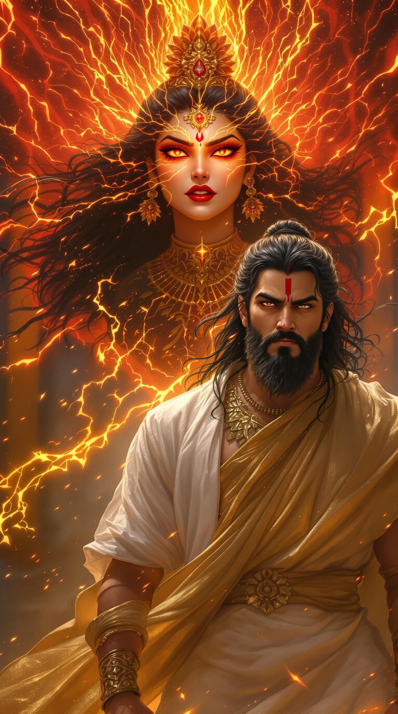 In a dramatic scene, Urvashi's face is painted with anger, her eyes glowing with fury. A radiant aura surrounds her, symbolizing her intense emotions. She wears flowing golden attire as she directs curses towards Arjuna. Arjuna stands steadfastly, his long black hair tied back, dressed in white robes—and his expression is calm despite the intensity of the situation. His serene eyes reflect a profound inner peace amidst Urvashi's chaotic energy. The chamber around them vibrates with the palpable tension of their meeting, showcasing the clash of their powerful auras.