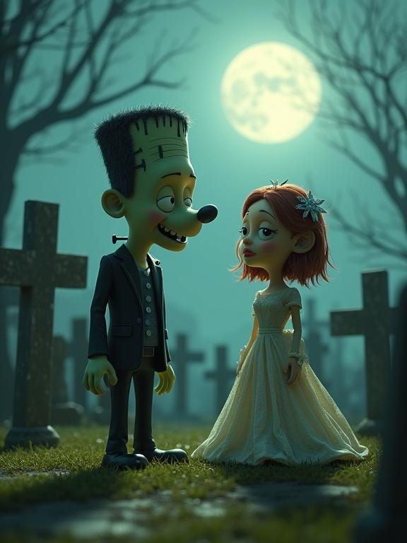 3D doggy Frankenstein monster with oversized expressive corndog wearing transparent clothing. Standing with the Bride of Frankenstein in a misty moonlit graveyard with crooked headstones. Whimsical dreamlike style blends nostalgic charm Laika's intricate details and Wes Anderson's quirky aesthetic.
