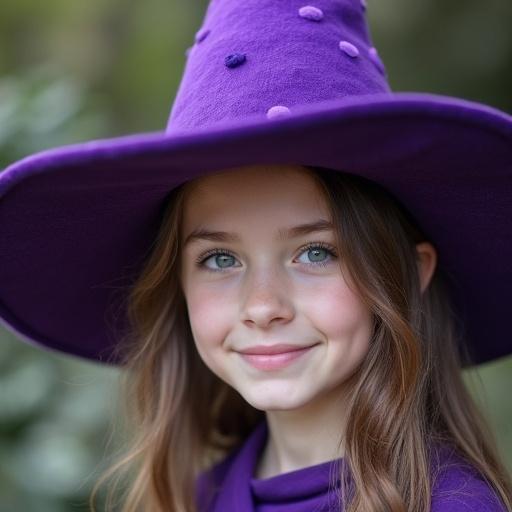 A girl with long brown hair is smiling. She is wearing a large violet witch hat. The background is softly blurred with greenery.