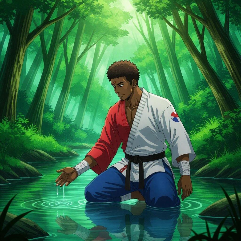 A man with brown skin and short curly hair walks barefoot through a lush forest. He wears a red and white martial arts gi, blue pants, and a black sash. Sunlight filters through trees, creating reflections on the water. The man kneels beside a calm river, touching the water in a magical atmosphere.
