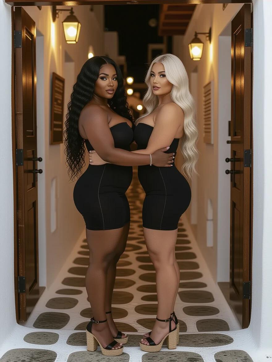 Two women in a nightclub entrance. They have similar height. One has long curly black hair and the other has long wavy blonde hair. Both wear tight black dresses and platform heels. They embrace each other standing closely. The setting is a hallway with warm lighting.
