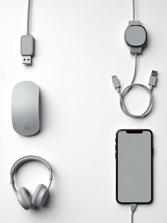 Flat lay of modern tech gadgets on a clean background including a mouse, USB cable, smartwatch, headphones, and smartphone. Objects evenly spaced and well-lit. Minimalist style. No logos or text.