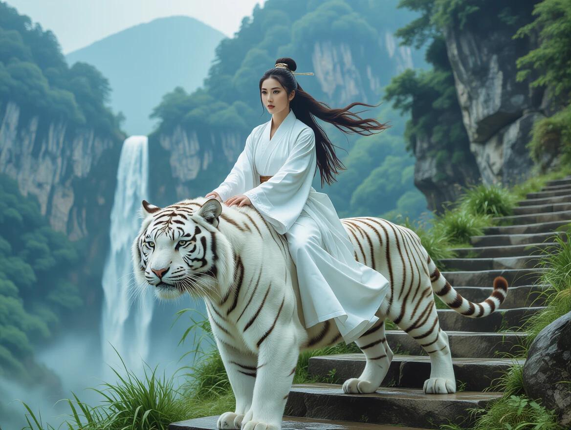 Woman wears white clothes. Long hair flowing. She rides a white tiger. Scene includes stairs in a mountainous area. Background features a waterfall. Image evokes a sense of adventure.