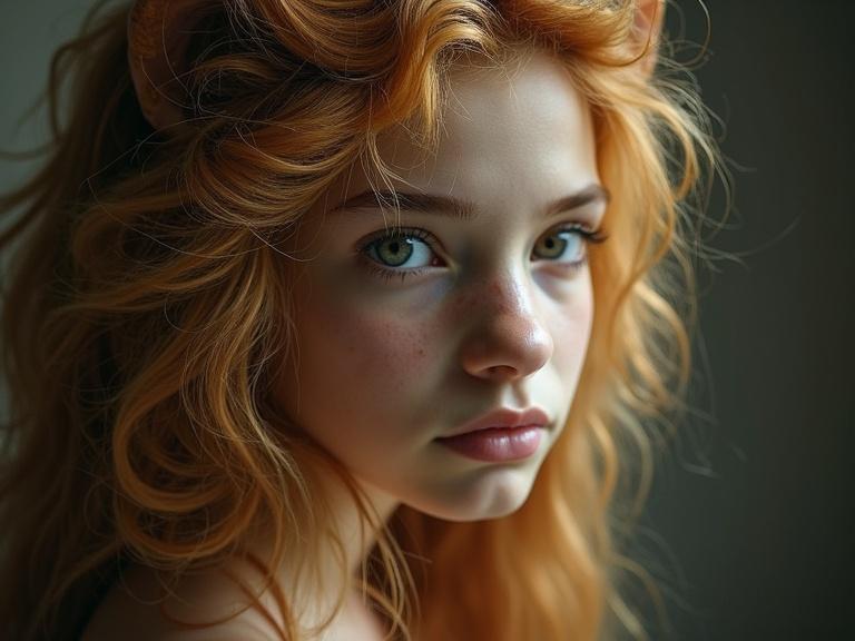 Portrait of a girl with lion-like features. Long flowing orange hair. Intense green eyes. Ethereal and artistic style. Soft lighting. Close-up of her face.