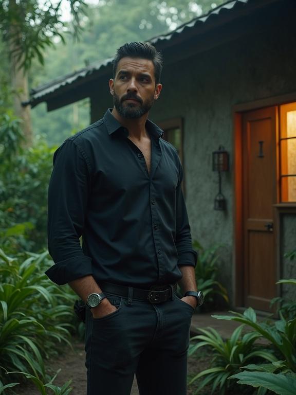 A handsome Latino man is standing beside a house in the jungle. He is dressed in dark clothing. Surrounding nature creates a vivid background. Full body shot captures the essence of the scene. Realistic style emphasizes authenticity.