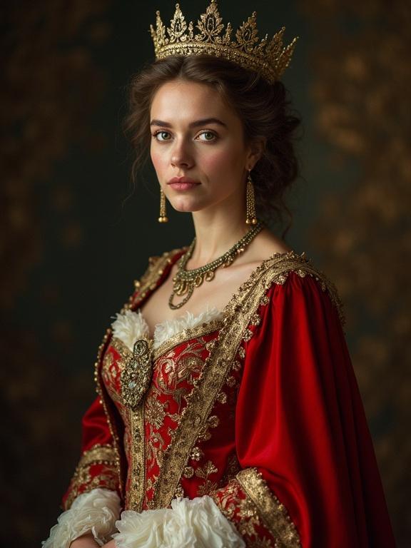 Portrait of an elegant mother dressed in regal attire. The dress features rich red fabric with intricate gold embroidery and a luxurious white lace trim. Accessories include a golden crown and ornate earrings. The background is softly lit, enhancing the grandeur of the scene.