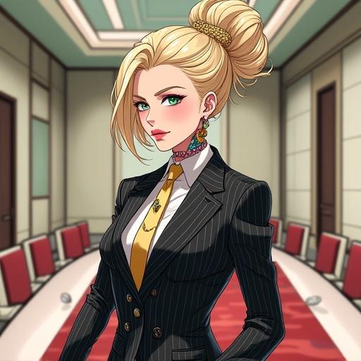 Anime character in futuristic boardroom. Woman with emerald green eyes and beautiful face. Elegant light blonde French bun. Wearing pinstriped suit and tie. Light pink diamond jewelry. Half Japanese half Saiyan. Muscular arms and 6 pack abs. Inside modern luxurious Kamakiri Industries boardroom. Colorful and traditional tattoos. Morning setting in new cherry blossom city.