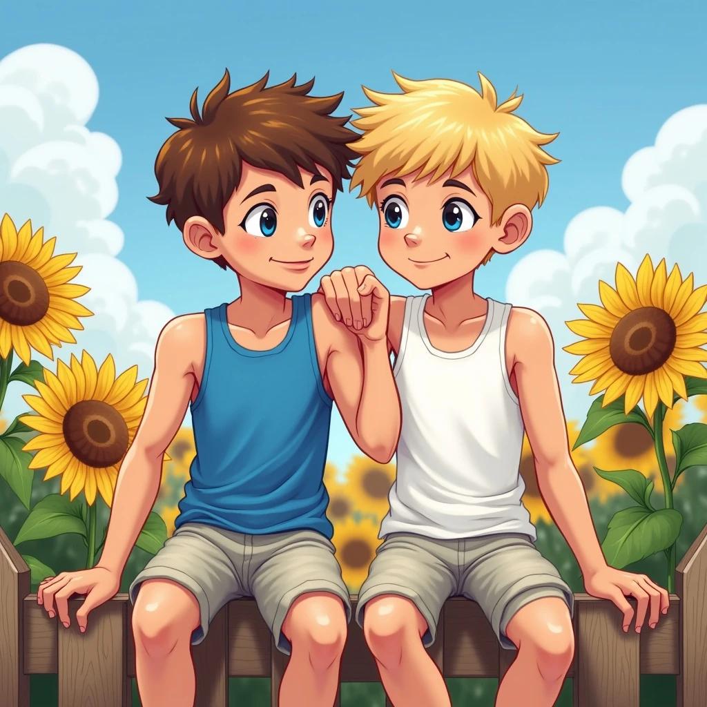 Two boys with brown and blonde hair sit on a fence. One wears a blue tank top and the other a white tank top. Both wear light shorts. They hold hands on the fence. Background features sunflowers, blue sky, and white clouds.