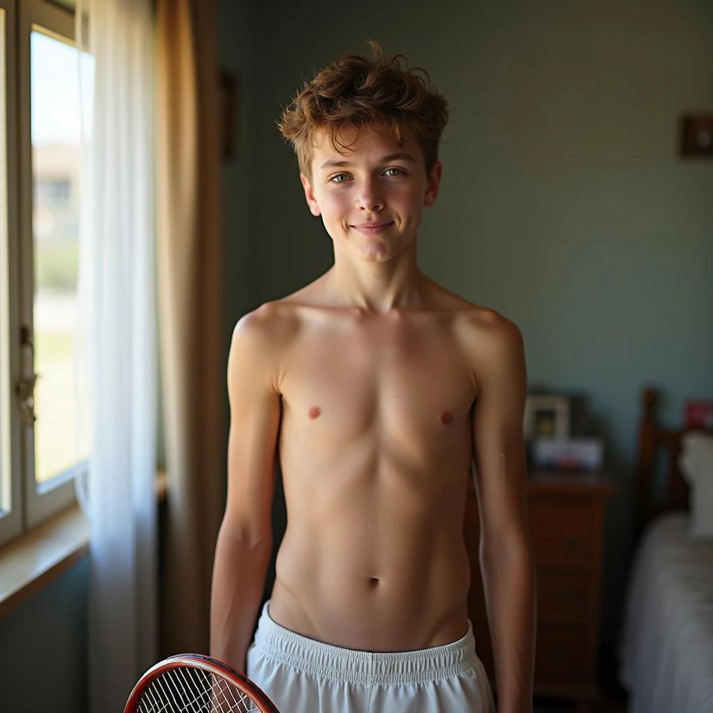 Portrait of a teenage boy standing in his room. Boy has short brown hair and green eyes. He is shirtless and wearing sport shorts. Boy holds a tennis racket. Background shows a bedroom with soft lighting.
