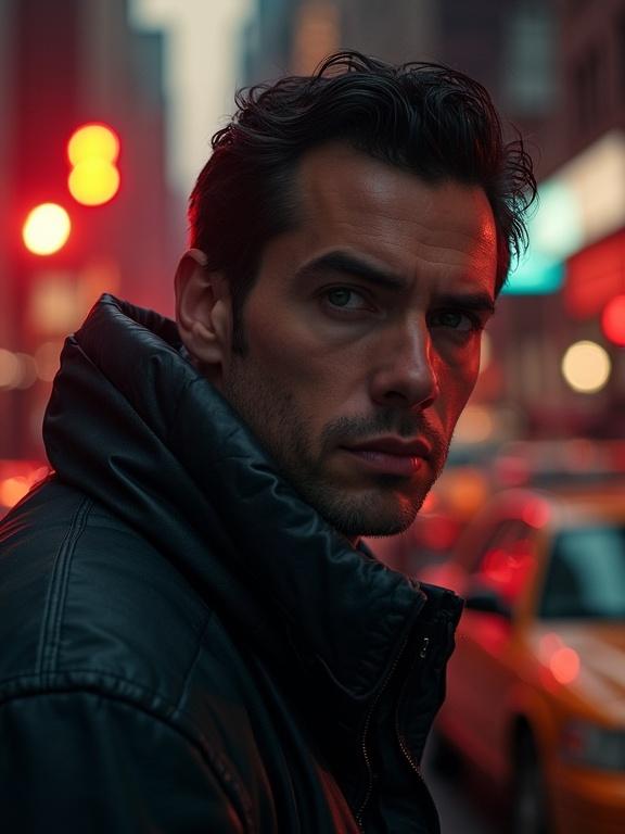 Photorealistic scene depicting a man in a leather jacket set against an urban backdrop. The atmosphere is tense, suggestive of crime and danger.