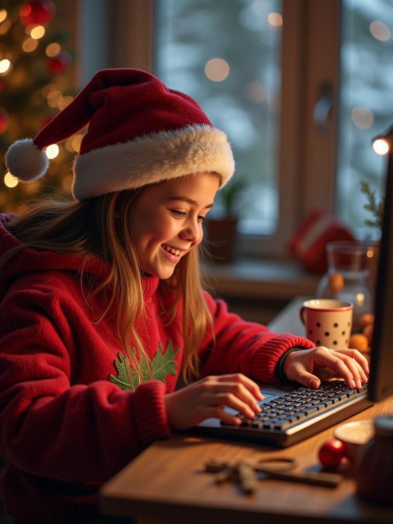 Cozy home office scene during Christmas. Person wearing a red holiday sweater and a Santa hat types on a black keyboard. Wooden table filled with seasonal decorations and a cup of hot chocolate. Warm lights from a Christmas tree in the background.