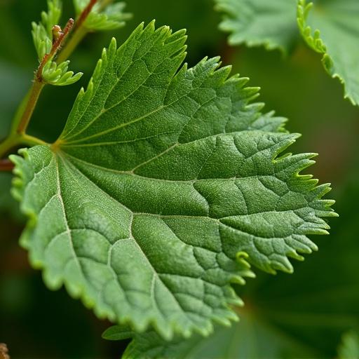 Close-up of a green leaf with detailed veins. Soft focus on the leaf's texture. Natural surroundings in the background.