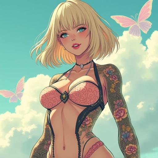 Anime woman with emerald green eyes. 40 years old. Beautiful face with oversized light blonde blunt bob. Wearing light pink diamond jewelry. Super futuristic vibe. Half Japanese half Saiyan features. 6'1 tall with big breasts and muscular arms. Exhibiting 6 pack abs. Light pink lipstick. Manicured toenails and fingernails. White eyeshadow and multiple piercings. Double belly button ring visible. Colorful traditional Japanese tattoos on arms. Nervous expression. Dressed in golden lotus printed spring pajamas. Morning scene with light gold and onyx black elements. A cybernetic right leg detail. Floating in the sky.