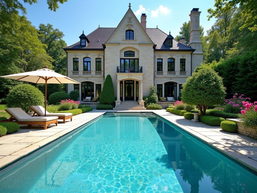 A stunning view of a luxurious mansion with a grand facade. The house features elegant stonework and large, inviting windows. In the foreground, there is a sparkling swimming pool, its clear blue water reflecting the sunny sky. Beautifully landscaped gardens surround the pool, adorned with vibrant flowers and lush greenery. There are lounge chairs and an umbrella set up on the patio for relaxation. The overall atmosphere is peaceful and idyllic, perfect for a summer day.