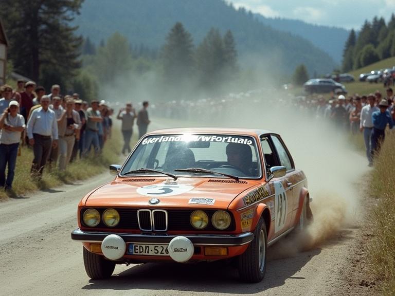 Vintage BMW racing car competing in a hill-climb event in a natural landscape. Crowds of spectators line the route as dust is kicked up by the vehicle. Showcases the spirit of competitive car racing from the 1978 era.