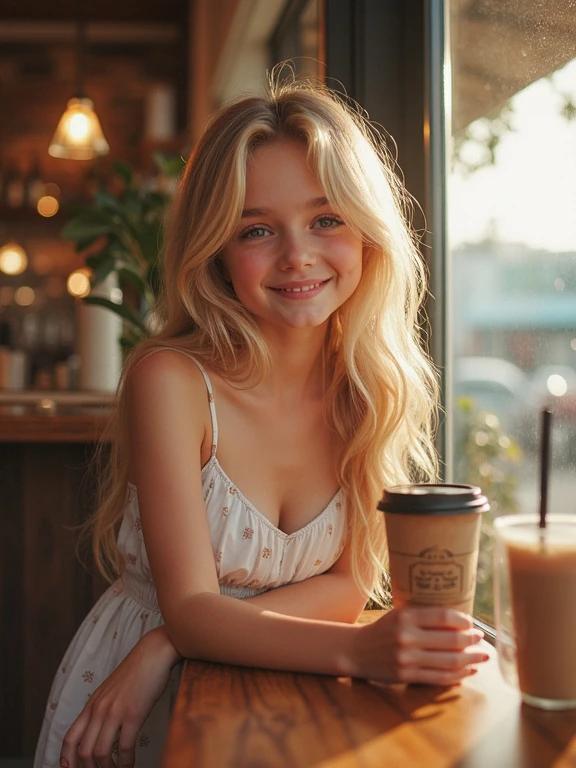 A young girl hangs out at a coffee shop. She wears a sundress and has long blonde hair. She sits at a wooden table with a coffee cup in her hands. Sunlight filters through the window creating a warm atmosphere.