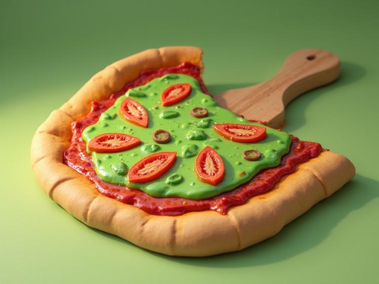 An anamorphic moldy pizza slice with a green pizza sauce. Features vibrant colors and painterly style in a 3D anime aesthetic.