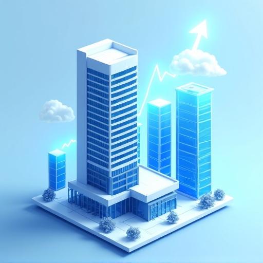 Professional illustration shows a biotech company preparing for IPO in Southeast Asia. Features modern corporate architecture. Includes subtle Malaysian flag element. Glowing digital chart rises in background. Style is flat 2.5D vector or isometric. Color theme is blue and white with bright cyan accents. Central office building with digital stock chart behind it. Minimalist background provides investor-grade look.