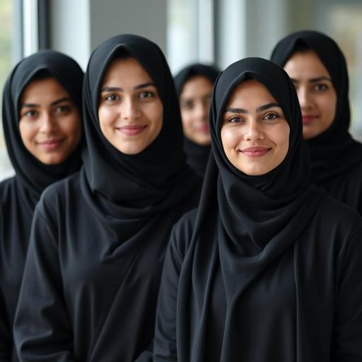 Generate an image of several female teachers of Scottish-Pakistani and Muslim backgrounds. Teachers have dark brown eyes, black hair, dark skin, and thick eyebrows. They wear ordinary teachers' uniforms without hijabs. All are smiling together in a classroom setting.