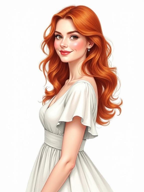 A young woman depicted in a pencil illustration with color. She has long wavy red hair and is wearing a white dress. She poses playfully in profile with a happy demeanor.