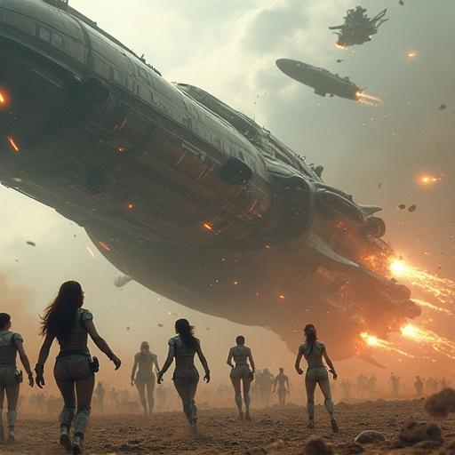 Women wear futuristic suits in intense battle. Large spaceships dominate the sky. Women find themselves amidst a fierce crossfire. Action-packed environment filled with tension.