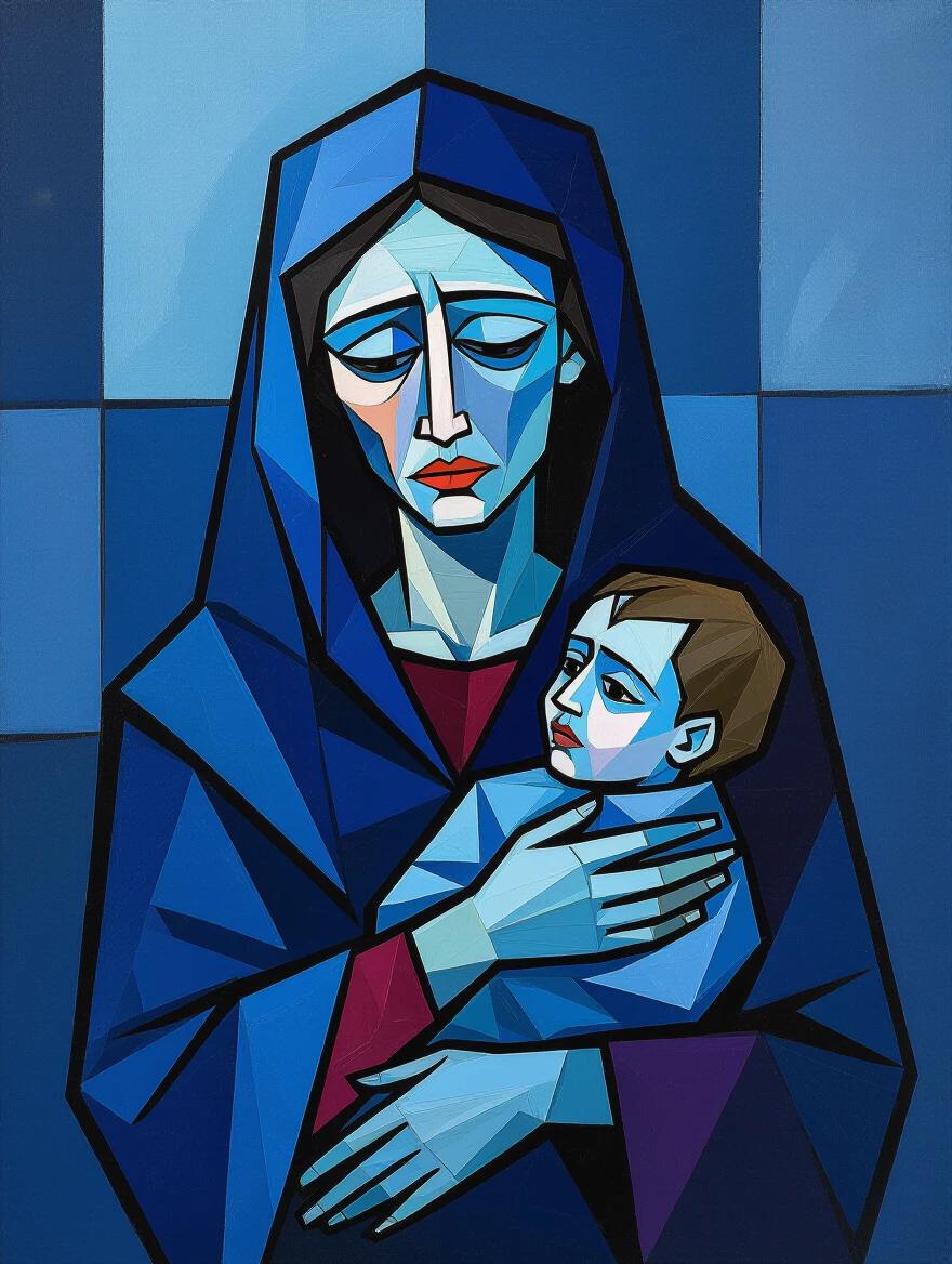 Painting depicts a gaunt mother holding her infant child. Rendered in deep blue shades. Abstract style conveys sadness and poverty. Angular features express emotion. Minimalistic geometric background enhances the focus.