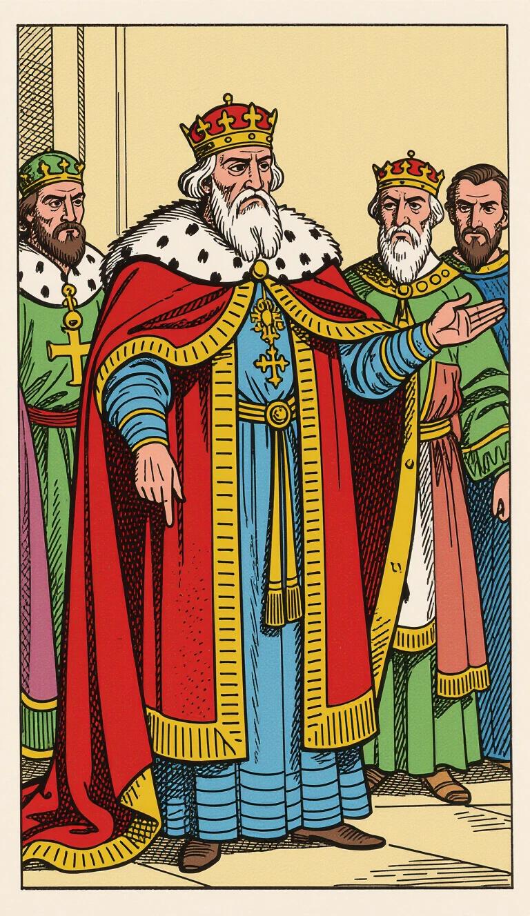 A king dressed in vibrant royal attire stands in command. The king appears sorrowful and conflicted. His hand is extended as if giving a command. Advisors are gathered around him in similar colorful clothing.