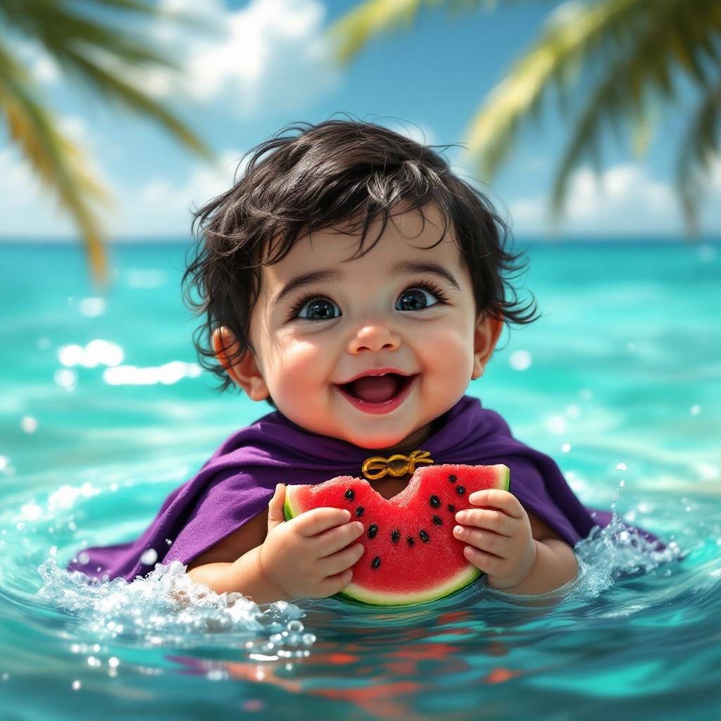 Happy baby dressed in a purple cape floats in the Caribbean sea while enjoying watermelon. Water shimmers under bright sunlight. Sky shows fluffy clouds. Joyful scene of childhood in a tropical paradise.