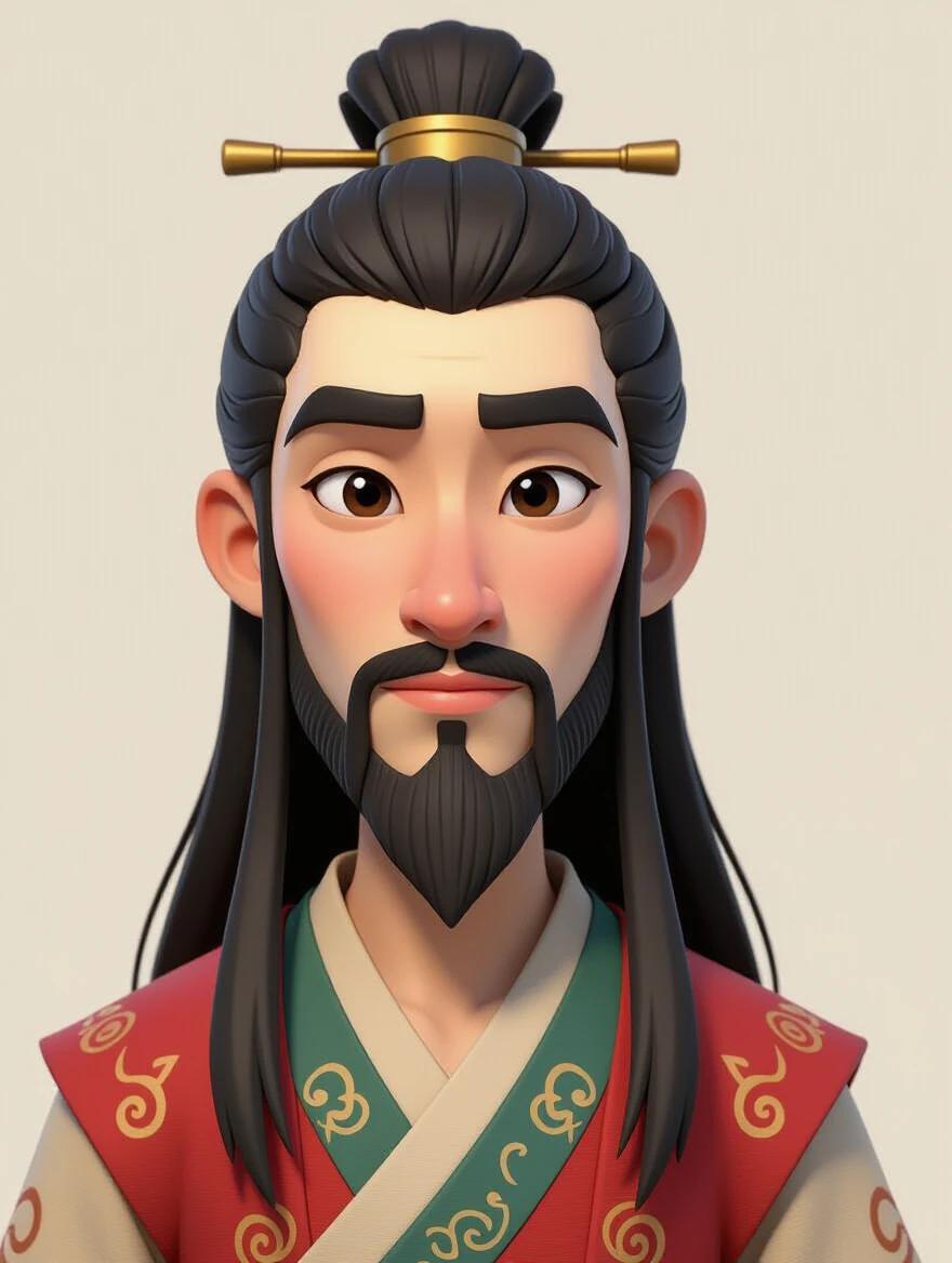 3D cartoon biased realism featuring a male character in ancient Chinese style. Full body portrait with front view. Long hair displayed with intricate hairstyle. Young man with a gaunt pale face, high nose, and dry cracked lips. Beard and mustache present, showing rough skin and overall tired appearance.