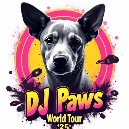 A 90s-inspired bootleg rap t-shirt design. Features a custom pet photo placeholder for a dog silhouette in grayscale. Framed by bold neon pink and yellow graffiti-style text. Text reads 'DJ Paws' at the top and 'World Tour '25' at the bottom. Background is transparent with a distressed texture and small vinyl records. High-resolution, vibrant colors, suitable for white Gildan t-shirt printing.